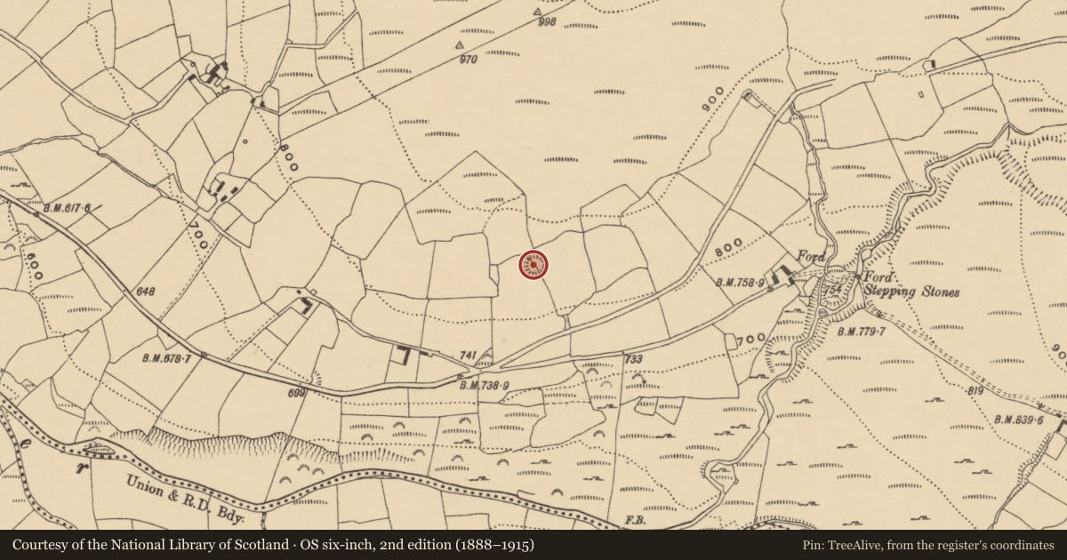 Ordnance Survey six-inch map, 2nd edition (1888–1915) covering the location of Enclosure, Knockanaffrin, County Waterford, with a pin at the register's coordinates