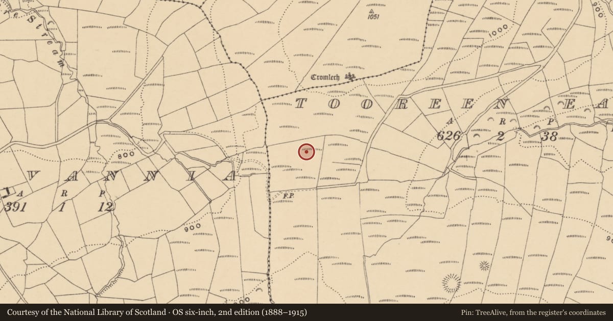Ordnance Survey six-inch map, 2nd edition (1888–1915) covering the location of Barrow - ring-barrow, Tooreen East, County Waterford, with a pin at the register's coordinates