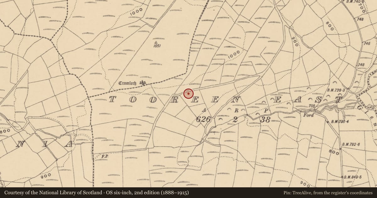 Ordnance Survey six-inch map, 2nd edition (1888–1915) covering the location of Kerb circle, Tooreen East, County Waterford, with a pin at the register's coordinates