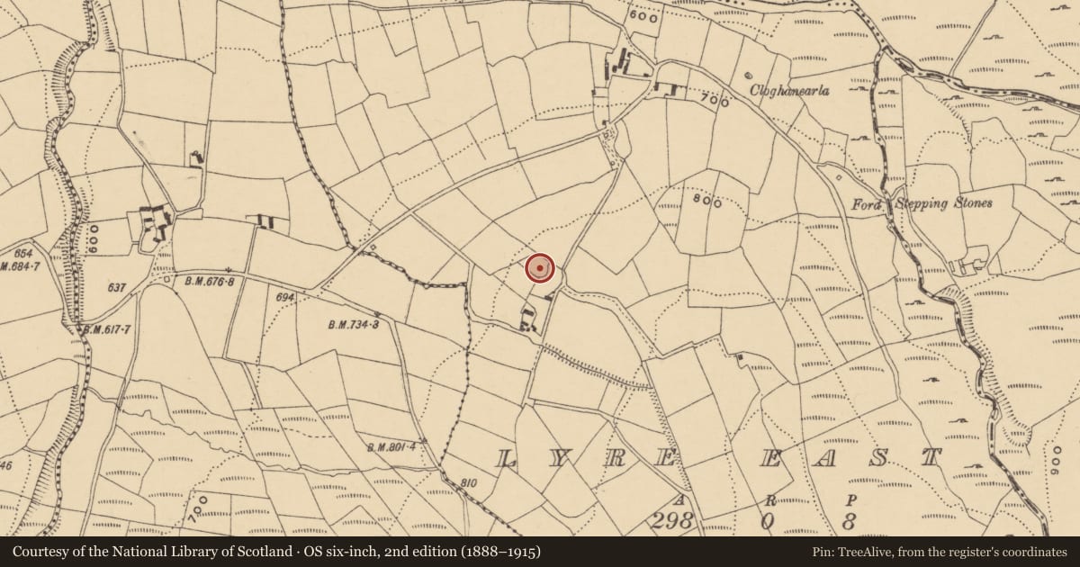 Ordnance Survey six-inch map, 2nd edition (1888–1915) covering the location of Burial ground, Lyre East, County Waterford, with a pin at the register's coordinates