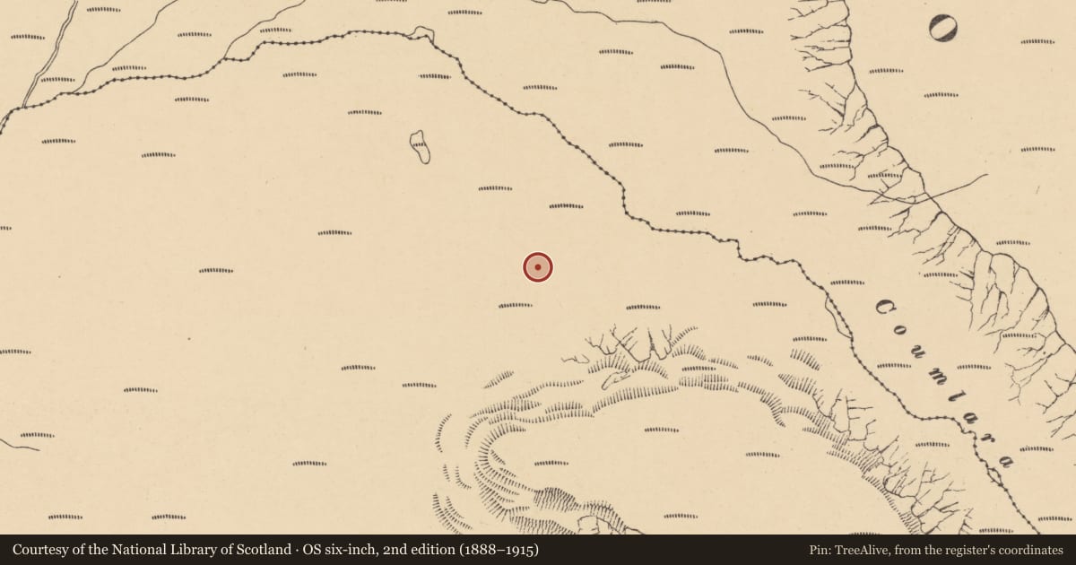 Ordnance Survey six-inch map, 2nd edition (1888–1915) covering the location of Hut site, Curraghduff (Upperthird By., Rathgormuck Par.), County Waterford, with a pin at the register's coordinates