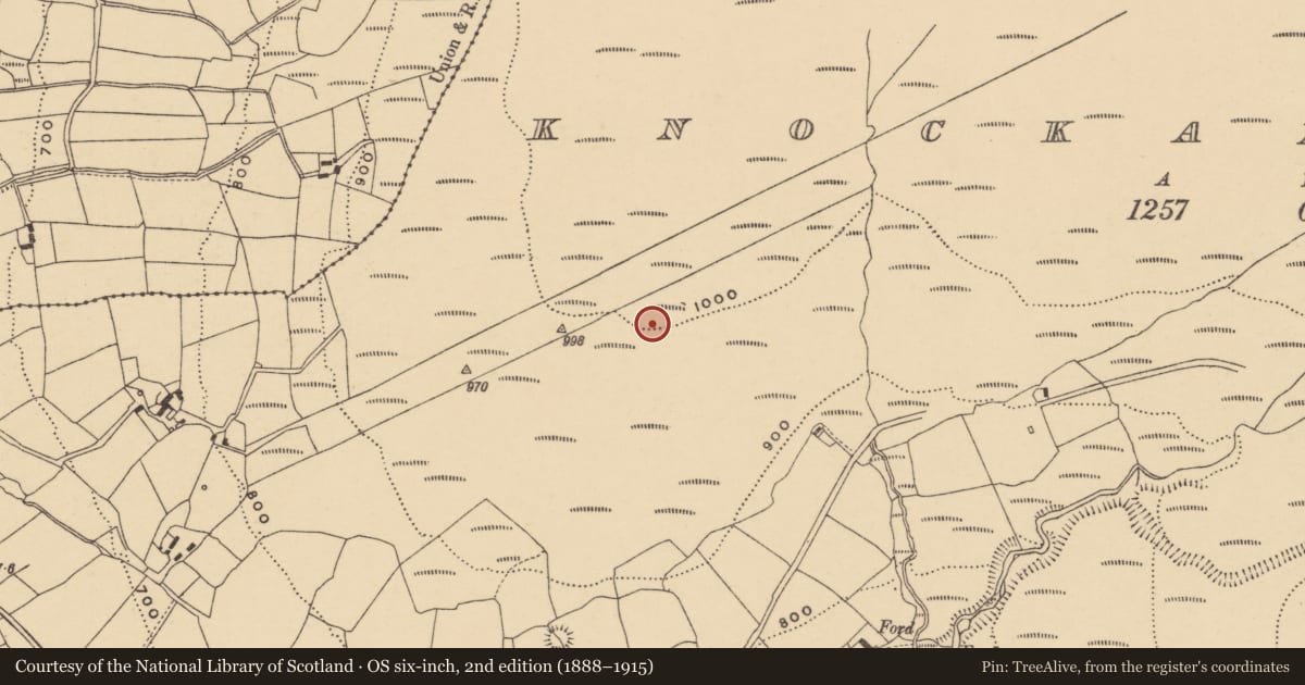 Ordnance Survey six-inch map, 2nd edition (1888–1915) covering the location of Enclosure, Knockanaffrin, County Waterford, with a pin at the register's coordinates