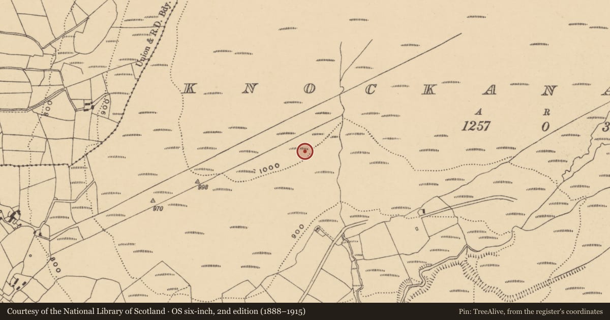 Ordnance Survey six-inch map, 2nd edition (1888–1915) covering the location of Enclosure, Knockanaffrin, County Waterford, with a pin at the register's coordinates