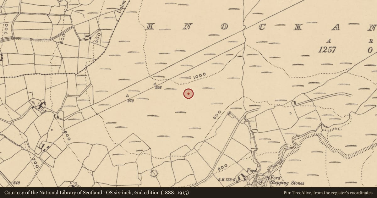 Ordnance Survey six-inch map, 2nd edition (1888–1915) covering the location of Field system, Knockanaffrin, County Waterford, with a pin at the register's coordinates