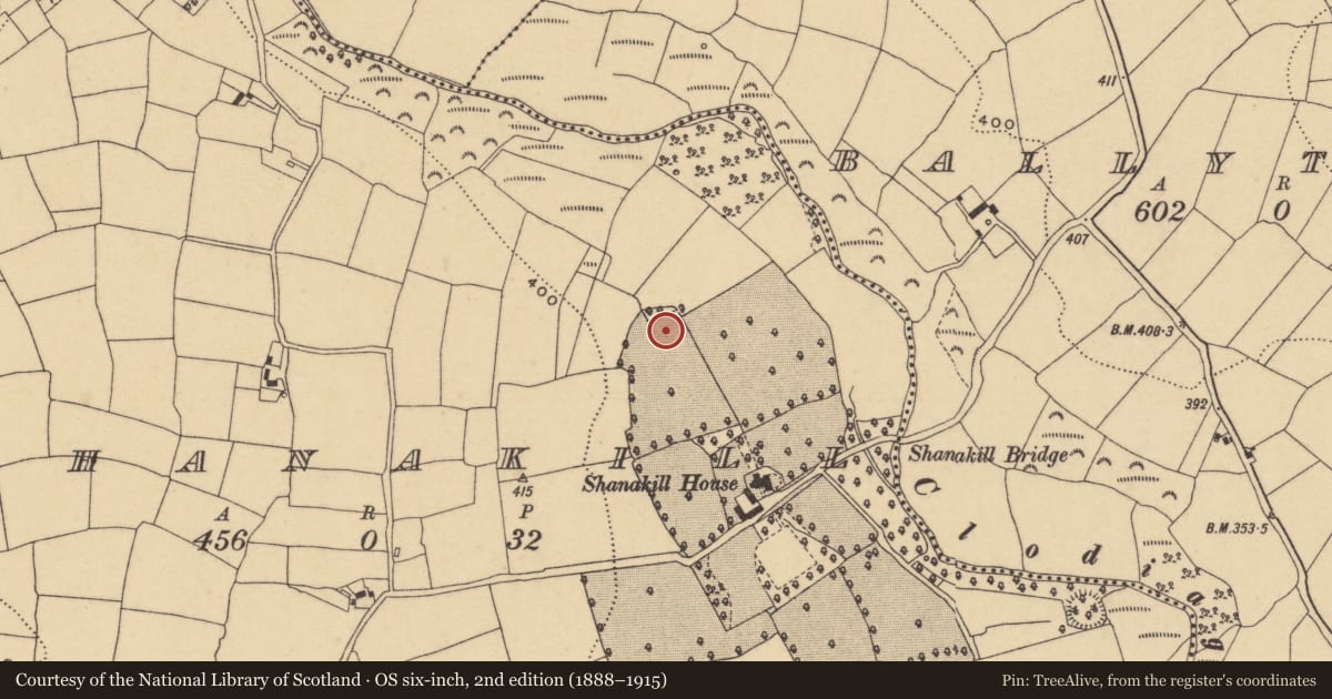 Ordnance Survey six-inch map, 2nd edition (1888–1915) covering the location of Enclosure, Shanakill (Upperthird By., Rathgormuck Par.), County Waterford, with a pin at the register's coordinates