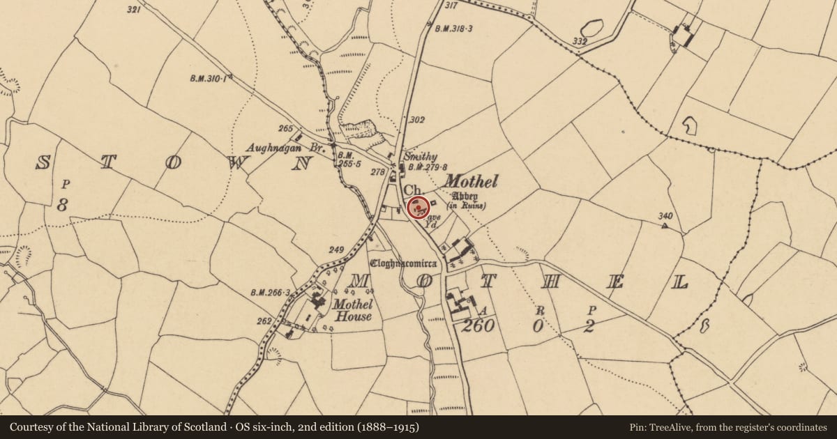 Ordnance Survey six-inch map, 2nd edition (1888–1915) covering the location of Religious house - Augustinian canons, Mothel, County Waterford, with a pin at the register's coordinates