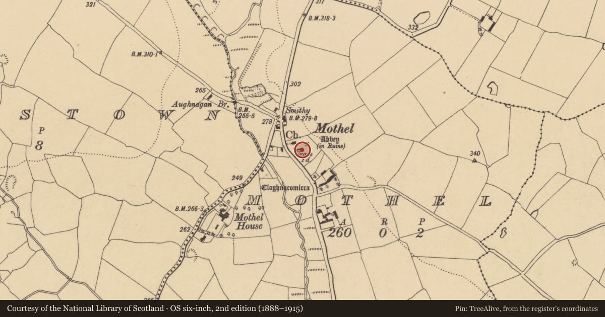 Ordnance Survey six-inch map, 2nd edition (1888–1915) covering the location of Graveyard, Mothel, County Waterford, with a pin at the register's coordinates