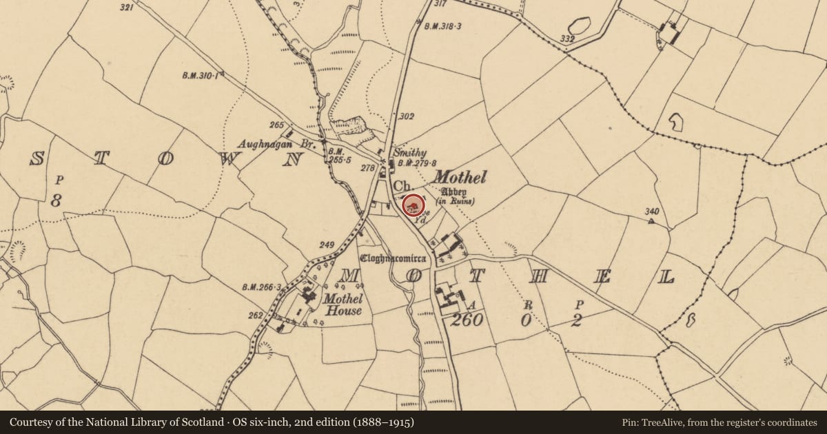 Ordnance Survey six-inch map, 2nd edition (1888–1915) covering the location of Tomb - chest tomb, Mothel, County Waterford, with a pin at the register's coordinates