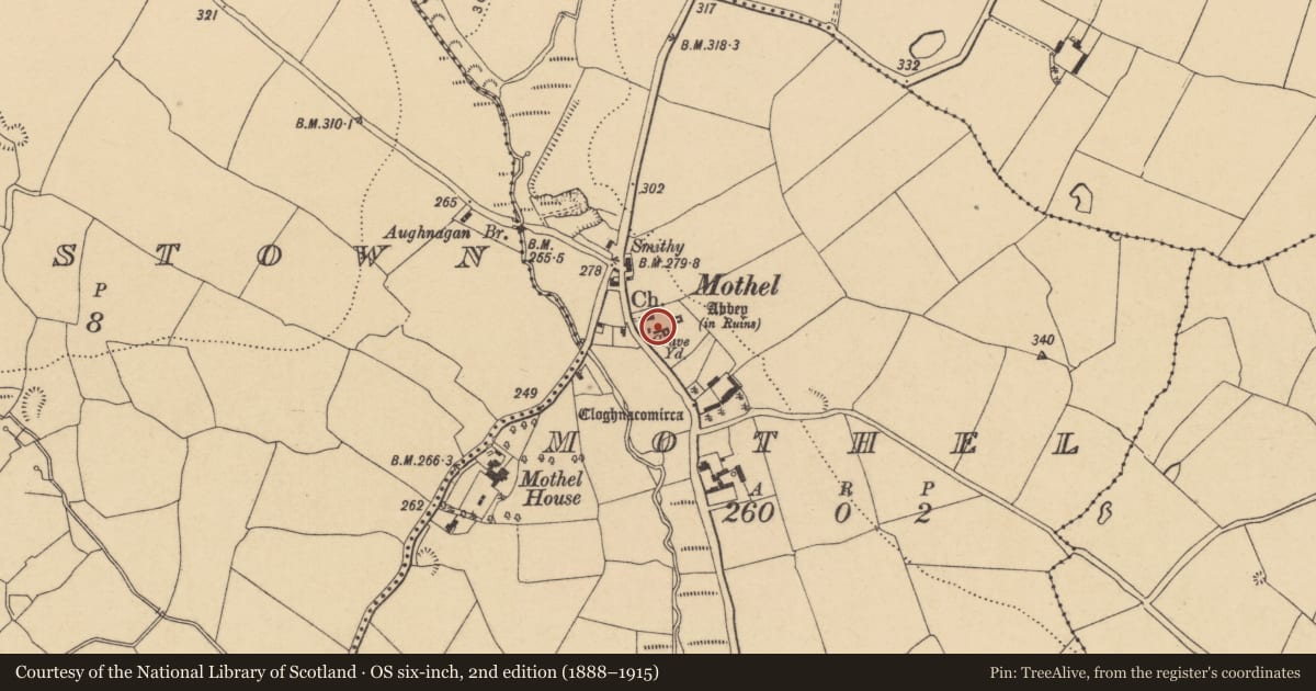 Ordnance Survey six-inch map, 2nd edition (1888–1915) covering the location of Graveslab, Mothel, County Waterford, with a pin at the register's coordinates