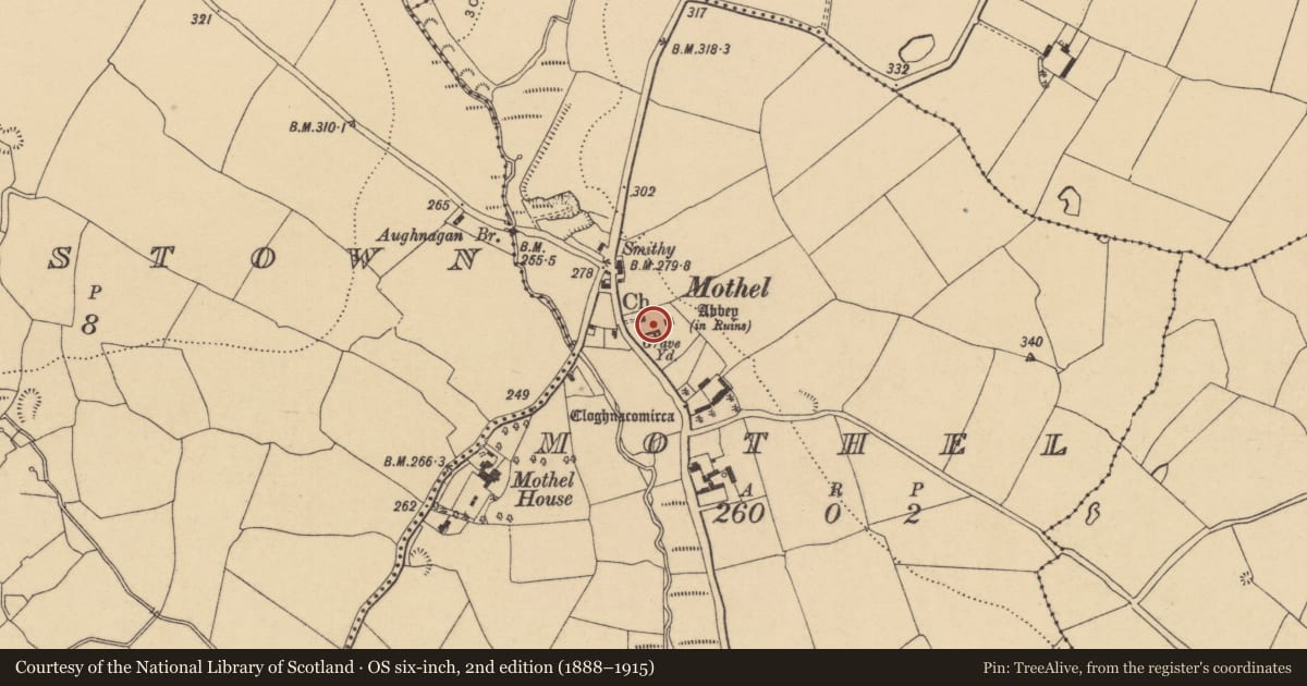 Ordnance Survey six-inch map, 2nd edition (1888–1915) covering the location of Graveslab, Mothel, County Waterford, with a pin at the register's coordinates