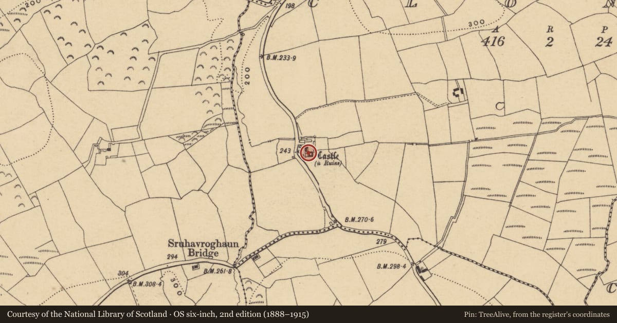 Ordnance Survey six-inch map, 2nd edition (1888–1915) covering the location of Castle - tower house, Clonea, County Waterford, with a pin at the register's coordinates