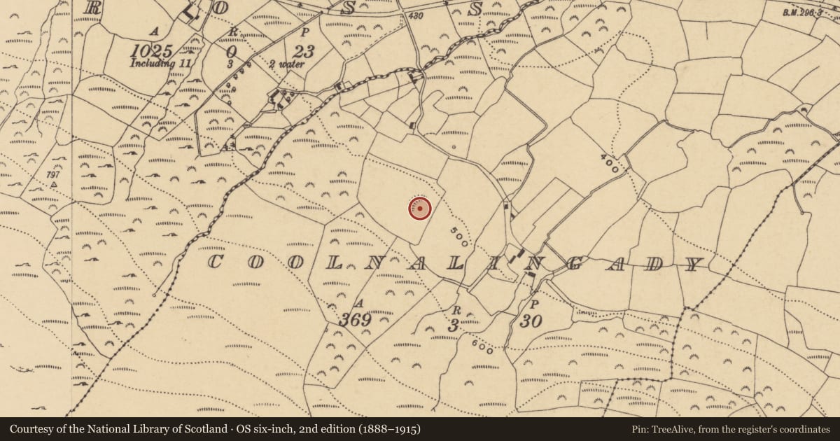 Ordnance Survey six-inch map, 2nd edition (1888–1915) covering the location of Enclosure, Coolnalingady, County Waterford, with a pin at the register's coordinates