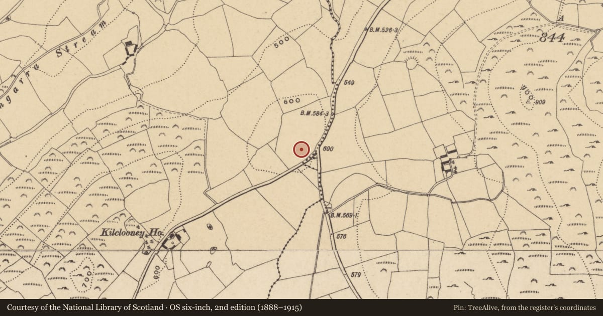 Ordnance Survey six-inch map, 2nd edition (1888–1915) covering the location of Enclosure, Kilclooney, County Waterford, with a pin at the register's coordinates