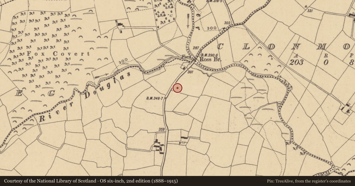 Ordnance Survey six-inch map, 2nd edition (1888–1915) covering the location of Burial ground, Ross, County Waterford, with a pin at the register's coordinates