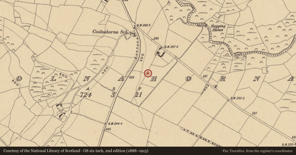 Ordnance Survey six-inch map, 2nd edition (1888–1915) covering the location of Church, Coolnahorna, County Waterford, with a pin at the register's coordinates