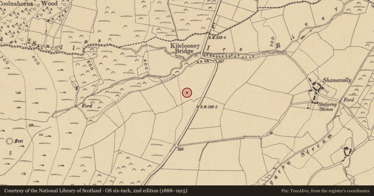 Ordnance Survey six-inch map, 2nd edition (1888–1915) covering the location of Enclosure, Kilclooney, County Waterford, with a pin at the register's coordinates