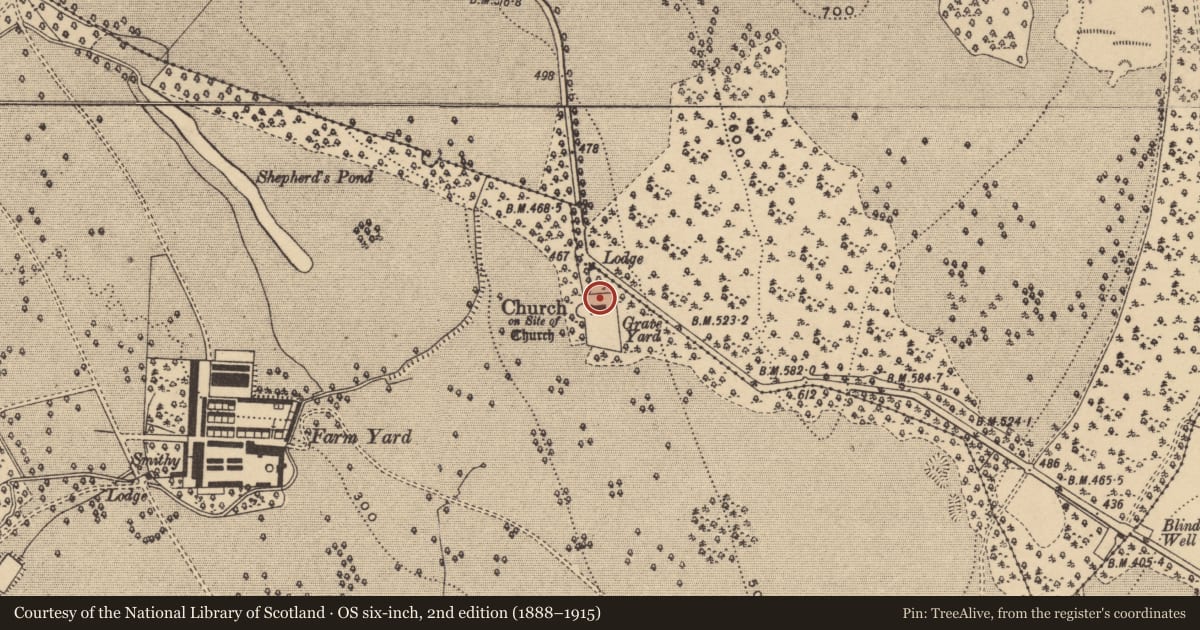 Ordnance Survey six-inch map, 2nd edition (1888–1915) covering the location of Wall monument (present location), Curraghmore, County Waterford, with a pin at the register's coordinates