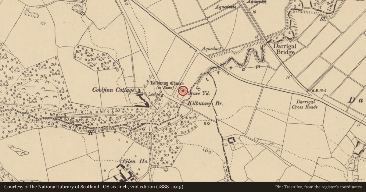 Ordnance Survey six-inch map, 2nd edition (1888–1915) covering the location of Church, Coolfinn, County Waterford, with a pin at the register's coordinates