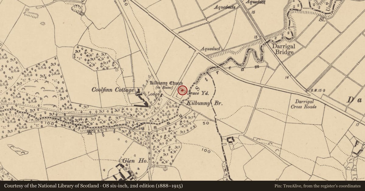 Ordnance Survey six-inch map, 2nd edition (1888–1915) covering the location of Tomb - chest tomb, Coolfinn, County Waterford, with a pin at the register's coordinates