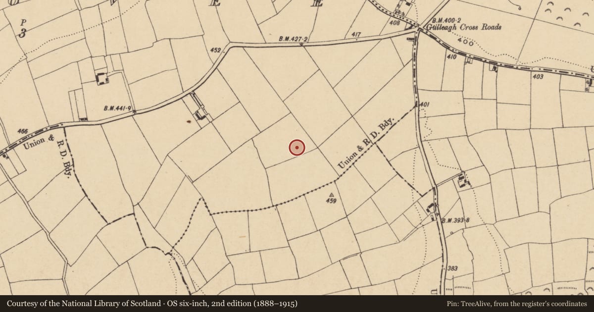 Ordnance Survey six-inch map, 2nd edition (1888–1915) covering the location of Ringfort - unclassified, Kilmovee, County Waterford, with a pin at the register's coordinates