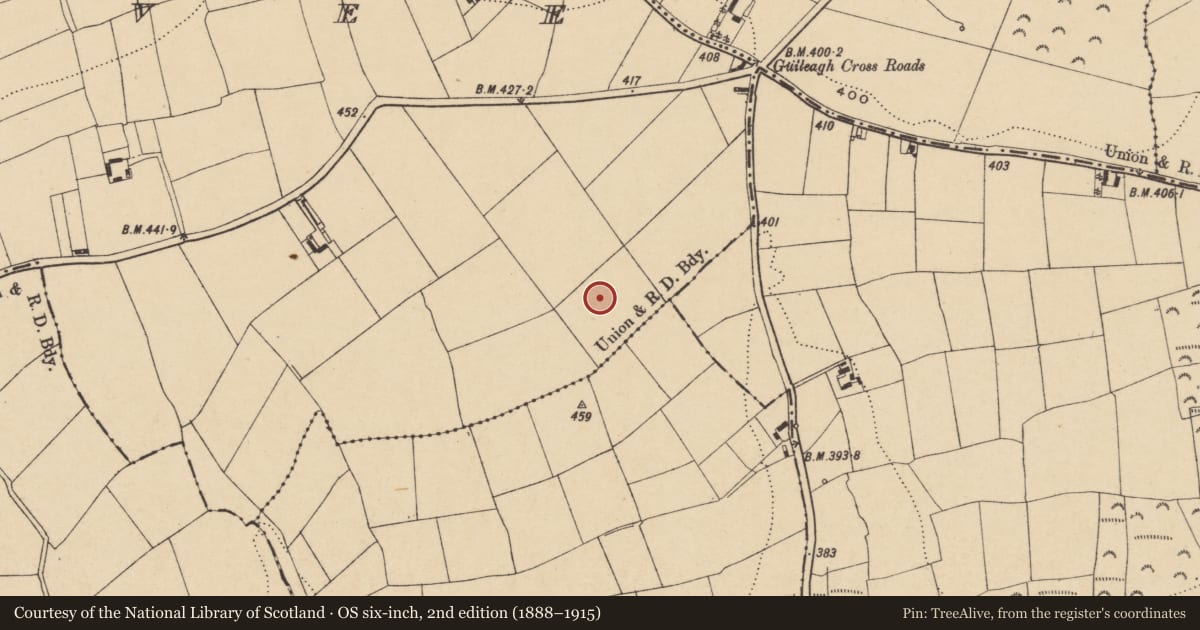 Ordnance Survey six-inch map, 2nd edition (1888–1915) covering the location of Enclosure, Kilmovee, County Waterford, with a pin at the register's coordinates