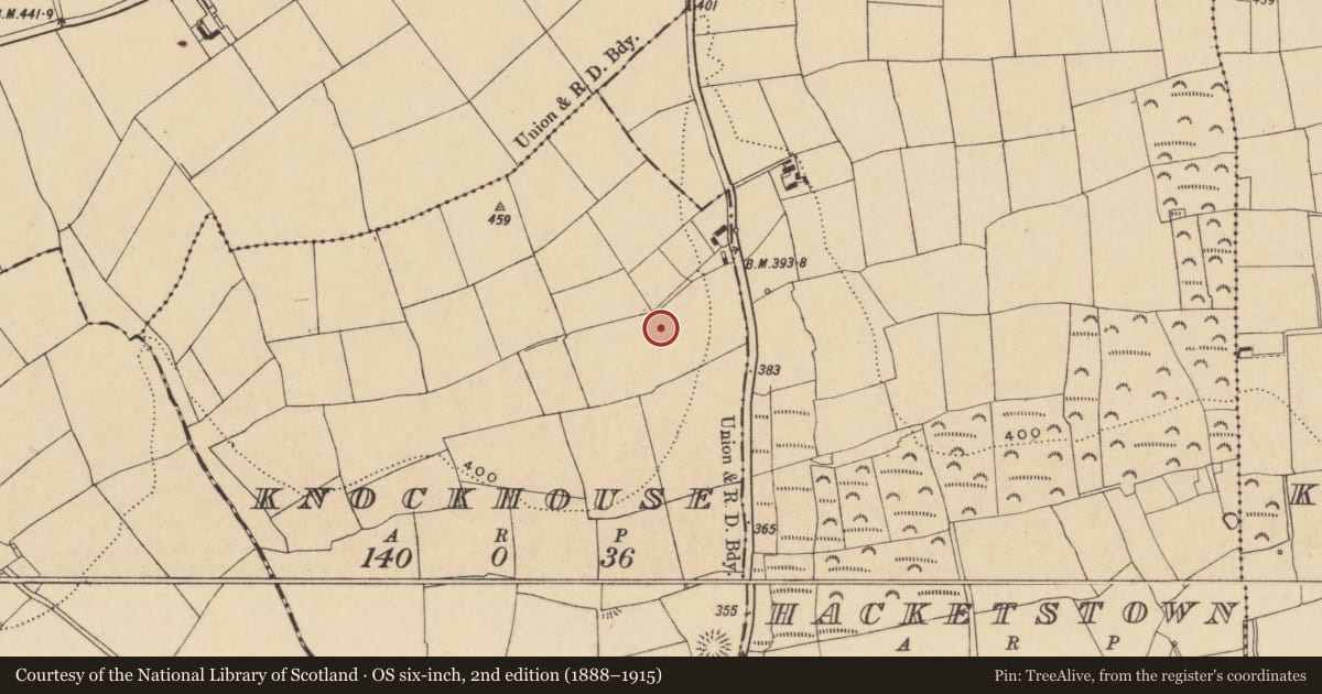 Ordnance Survey six-inch map, 2nd edition (1888–1915) covering the location of Ringfort - unclassified, Knockhouse, County Waterford, with a pin at the register's coordinates