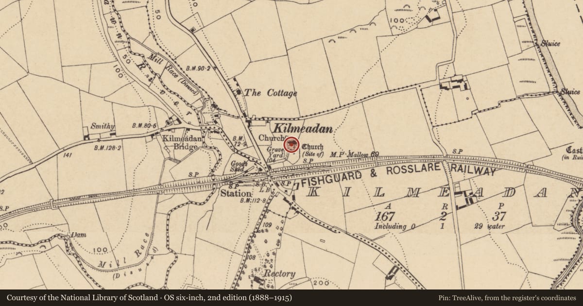 Ordnance Survey six-inch map, 2nd edition (1888–1915) covering the location of Church, Kilmeadan, County Waterford, with a pin at the register's coordinates