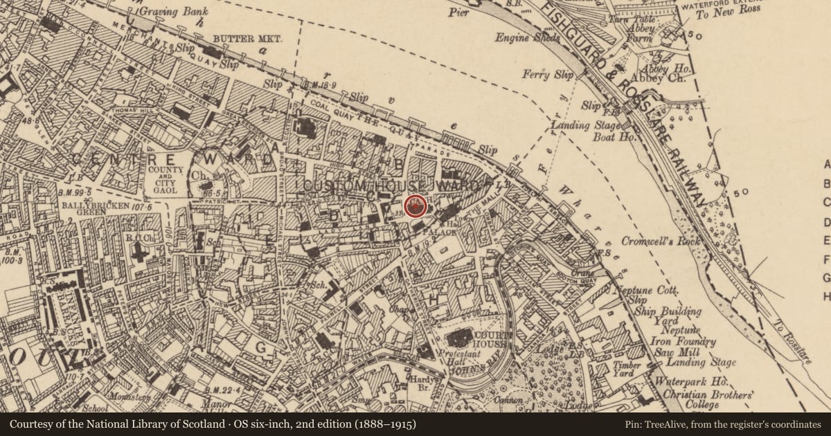 Ordnance Survey six-inch map, 2nd edition (1888–1915) covering the location of Cathedral, Waterford City, County Waterford, with a pin at the register's coordinates