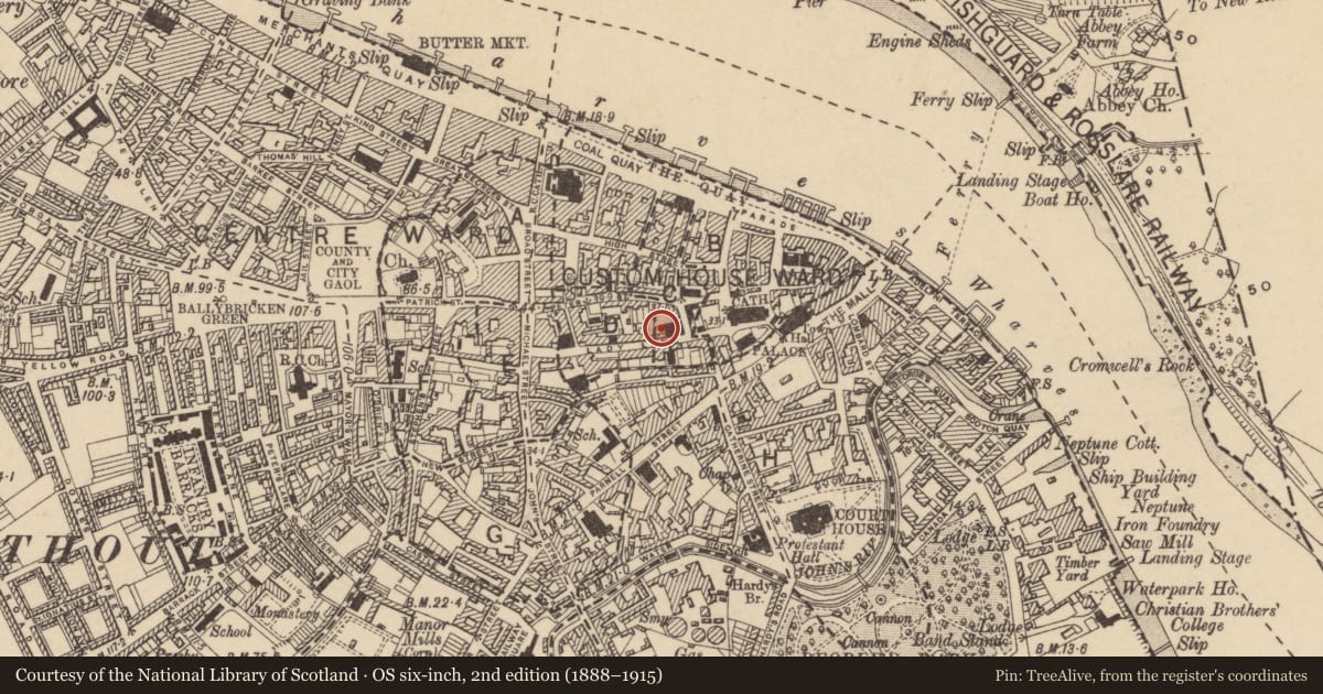 Ordnance Survey six-inch map, 2nd edition (1888–1915) covering the location of Church, Waterford City, County Waterford, with a pin at the register's coordinates