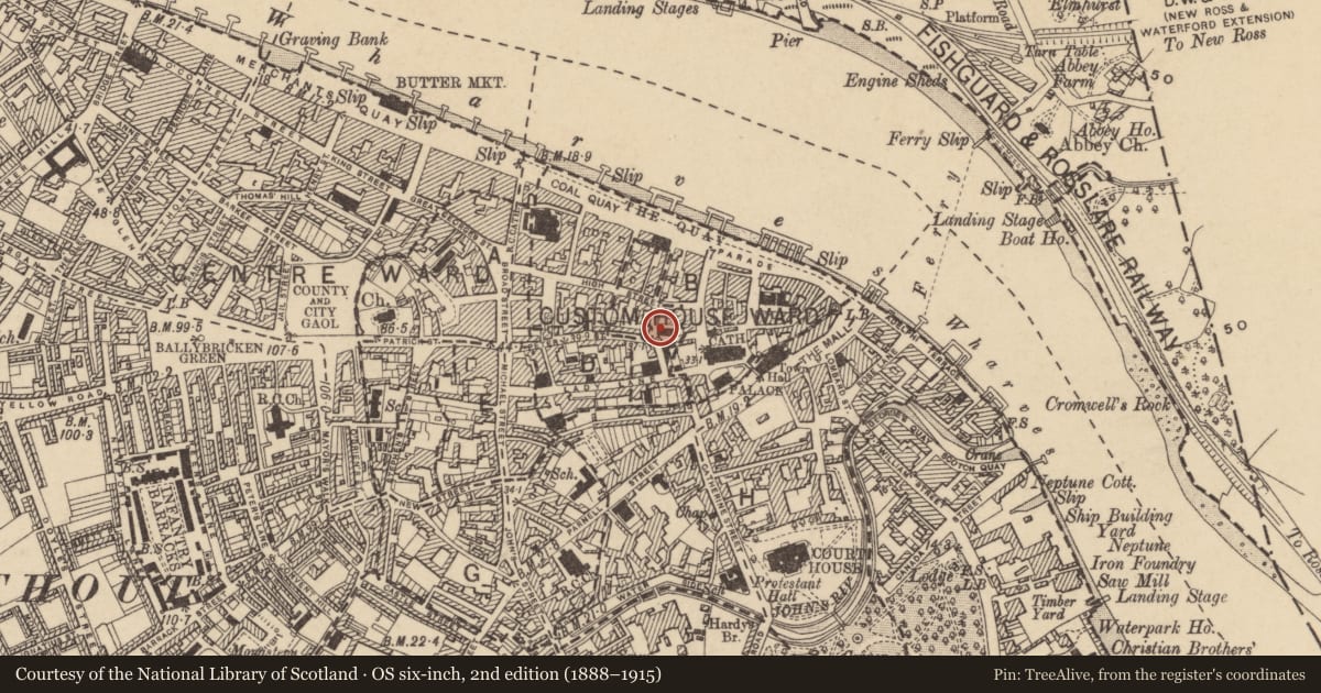 Ordnance Survey six-inch map, 2nd edition (1888–1915) covering the location of Church, Waterford City, County Waterford, with a pin at the register's coordinates