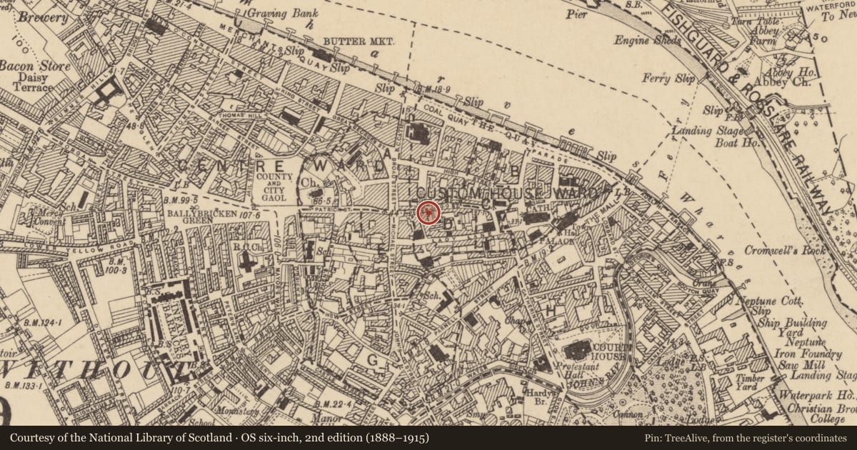 Ordnance Survey six-inch map, 2nd edition (1888–1915) covering the location of Church, Waterford City, County Waterford, with a pin at the register's coordinates