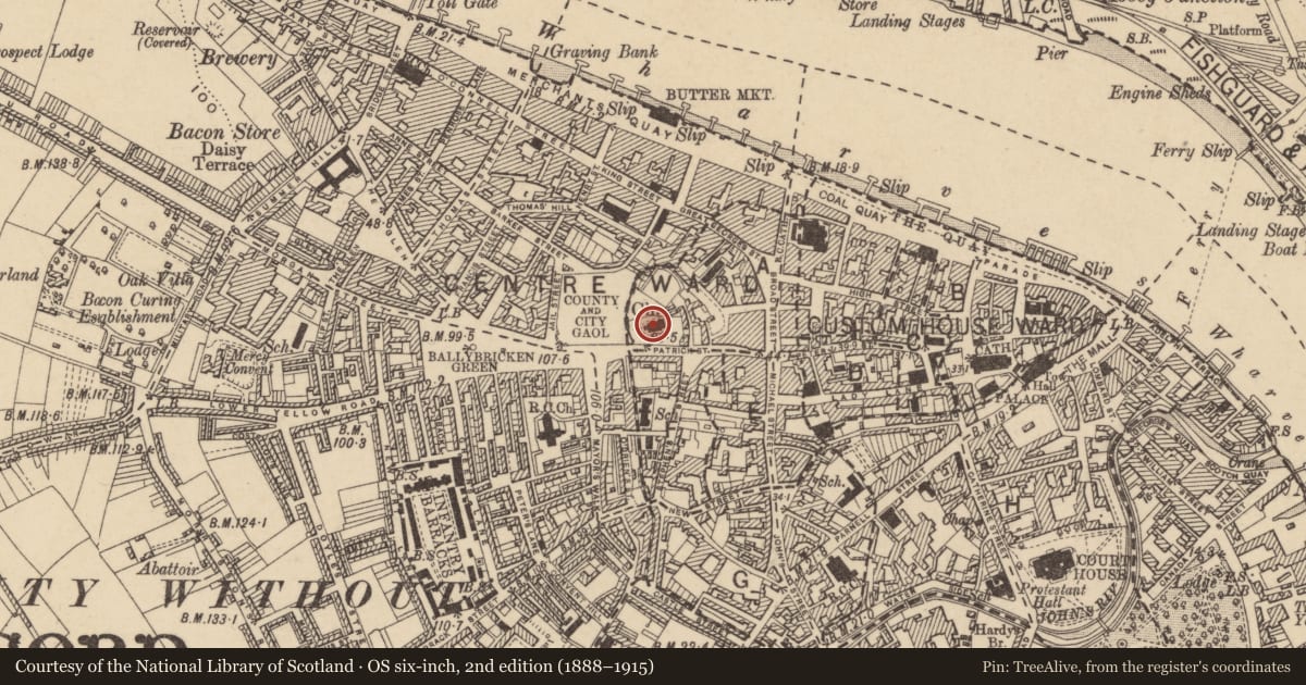 Ordnance Survey six-inch map, 2nd edition (1888–1915) covering the location of Church, Waterford City, County Waterford, with a pin at the register's coordinates