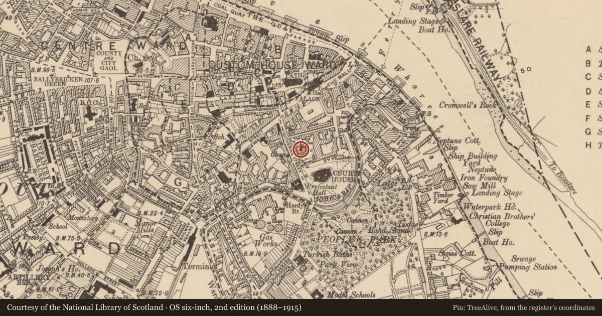 Ordnance Survey six-inch map, 2nd edition (1888–1915) covering the location of Church, Waterford City, County Waterford, with a pin at the register's coordinates