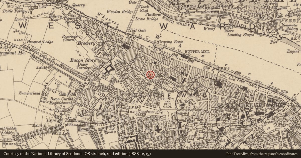 Ordnance Survey six-inch map, 2nd edition (1888–1915) covering the location of Church, Waterford City, County Waterford, with a pin at the register's coordinates