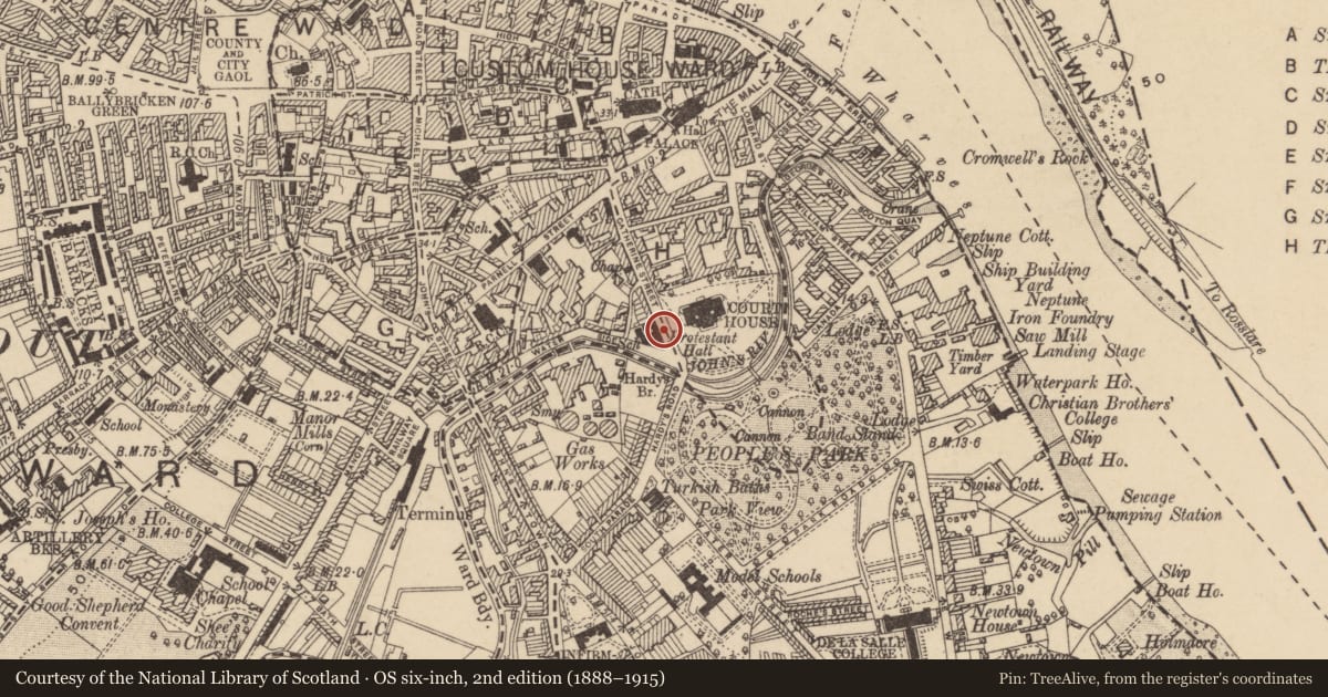 Ordnance Survey six-inch map, 2nd edition (1888–1915) covering the location of Religious house - Augustinian canons, Waterford City, County Waterford, with a pin at the register's coordinates