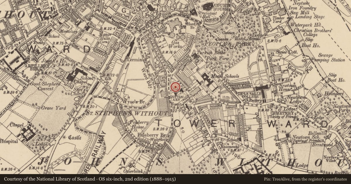 Ordnance Survey six-inch map, 2nd edition (1888–1915) covering the location of Hospital, Waterford City, County Waterford, with a pin at the register's coordinates