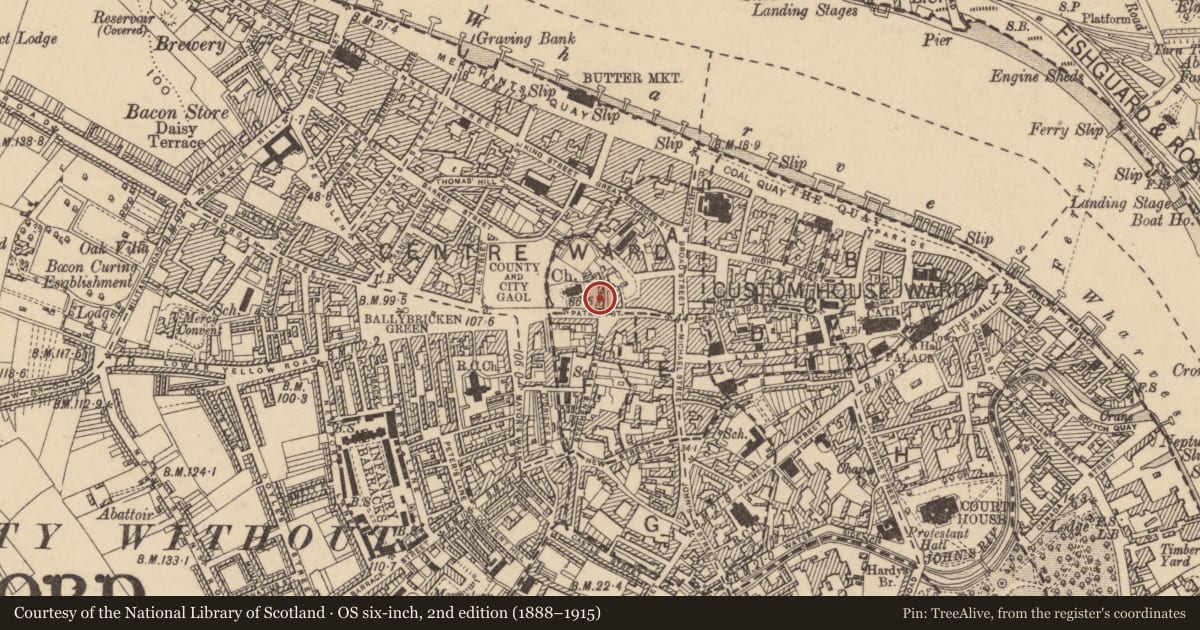 Ordnance Survey six-inch map, 2nd edition (1888–1915) covering the location of House - 16th/17th century, Waterford City, County Waterford, with a pin at the register's coordinates
