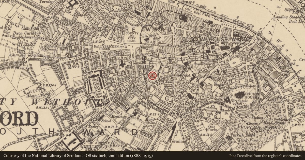 Ordnance Survey six-inch map, 2nd edition (1888–1915) covering the location of House - 17th century, Waterford City, County Waterford, with a pin at the register's coordinates