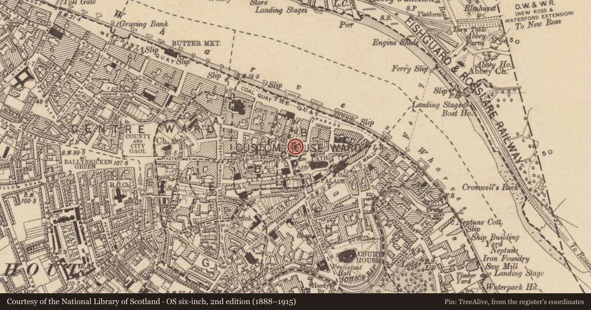 Ordnance Survey six-inch map, 2nd edition (1888–1915) covering the location of House - medieval, Waterford City, County Waterford, with a pin at the register's coordinates