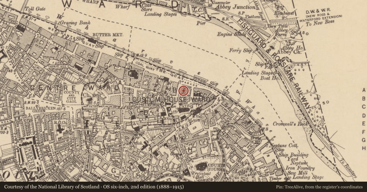 Ordnance Survey six-inch map, 2nd edition (1888–1915) covering the location of House - medieval, Waterford City, County Waterford, with a pin at the register's coordinates