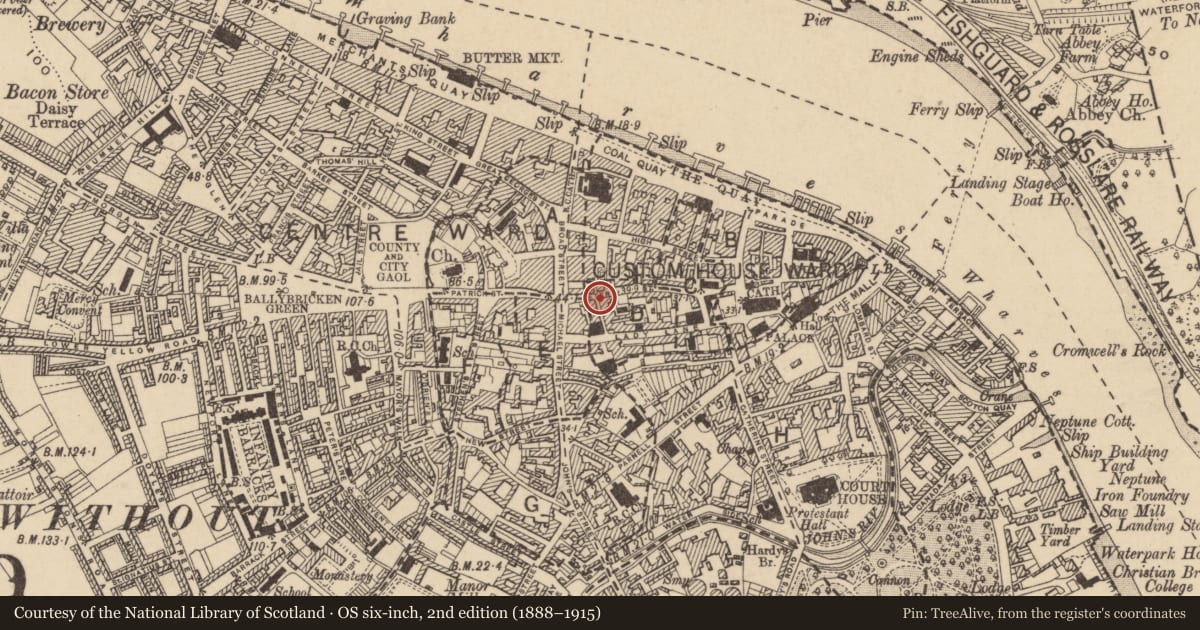 Ordnance Survey six-inch map, 2nd edition (1888–1915) covering the location of House - medieval, Waterford City, County Waterford, with a pin at the register's coordinates