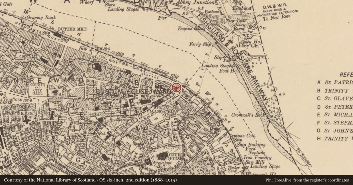 Ordnance Survey six-inch map, 2nd edition (1888–1915) covering the location of Blockhouse, Waterford City, County Waterford, with a pin at the register's coordinates