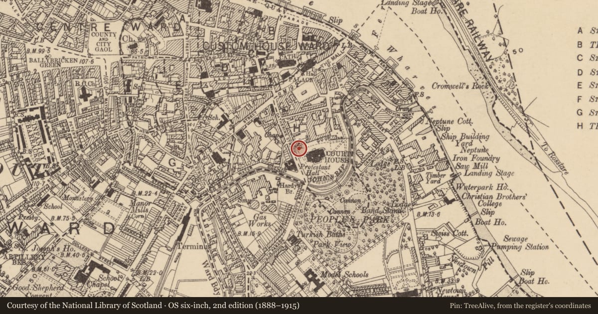 Ordnance Survey six-inch map, 2nd edition (1888–1915) covering the location of Bastioned fort, Waterford City, County Waterford, with a pin at the register's coordinates