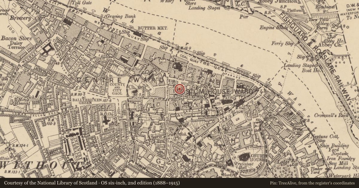 Ordnance Survey six-inch map, 2nd edition (1888–1915) covering the location of House - medieval, Waterford City, County Waterford, with a pin at the register's coordinates