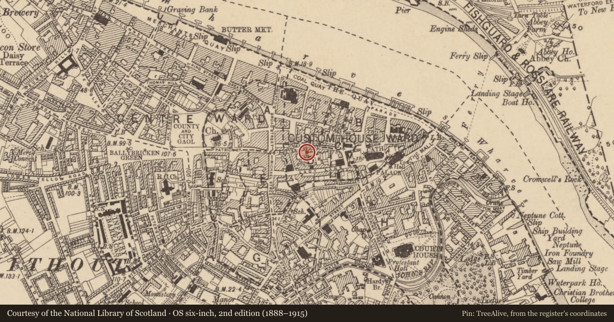 Ordnance Survey six-inch map, 2nd edition (1888–1915) covering the location of House - medieval, Waterford City, County Waterford, with a pin at the register's coordinates