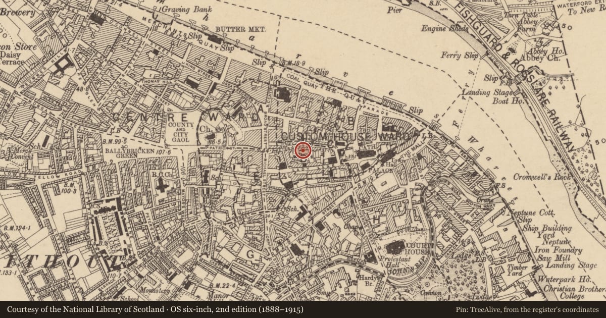 Ordnance Survey six-inch map, 2nd edition (1888–1915) covering the location of House - medieval, Waterford City, County Waterford, with a pin at the register's coordinates