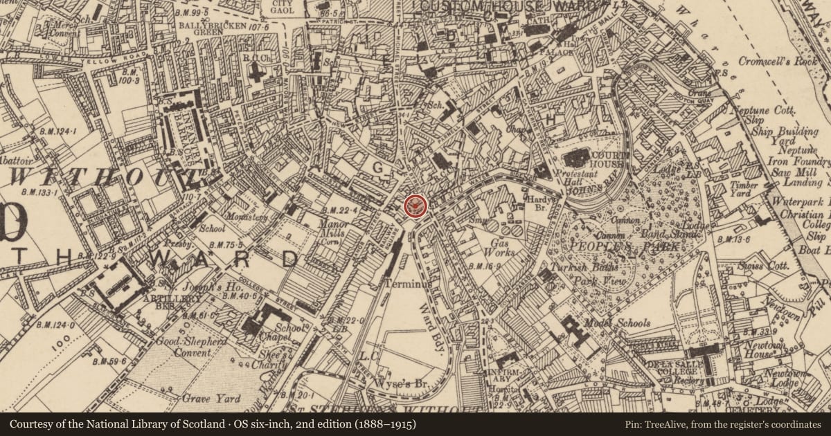 Ordnance Survey six-inch map, 2nd edition (1888–1915) covering the location of Tannery, Waterford City, County Waterford, with a pin at the register's coordinates
