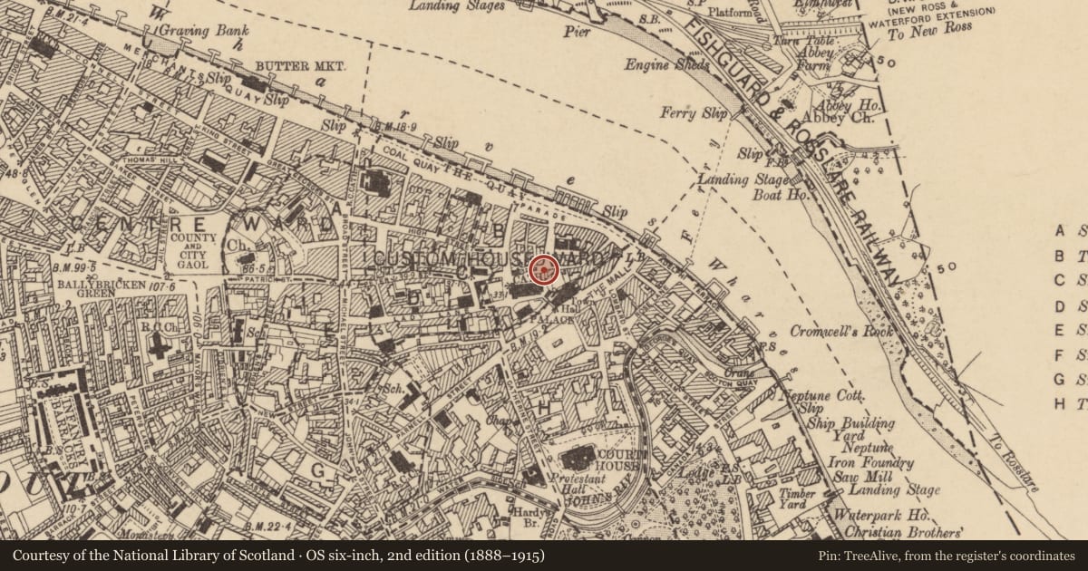 Ordnance Survey six-inch map, 2nd edition (1888–1915) covering the location of Cross, Waterford City, County Waterford, with a pin at the register's coordinates