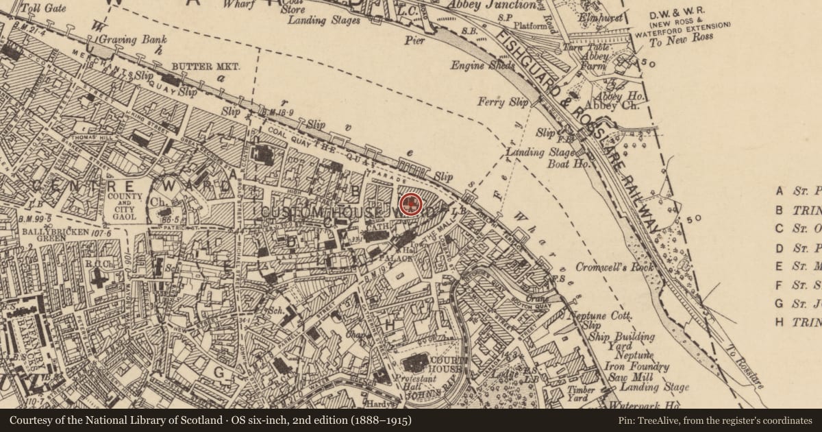 Ordnance Survey six-inch map, 2nd edition (1888–1915) covering the location of Graveslab, Waterford City, County Waterford, with a pin at the register's coordinates