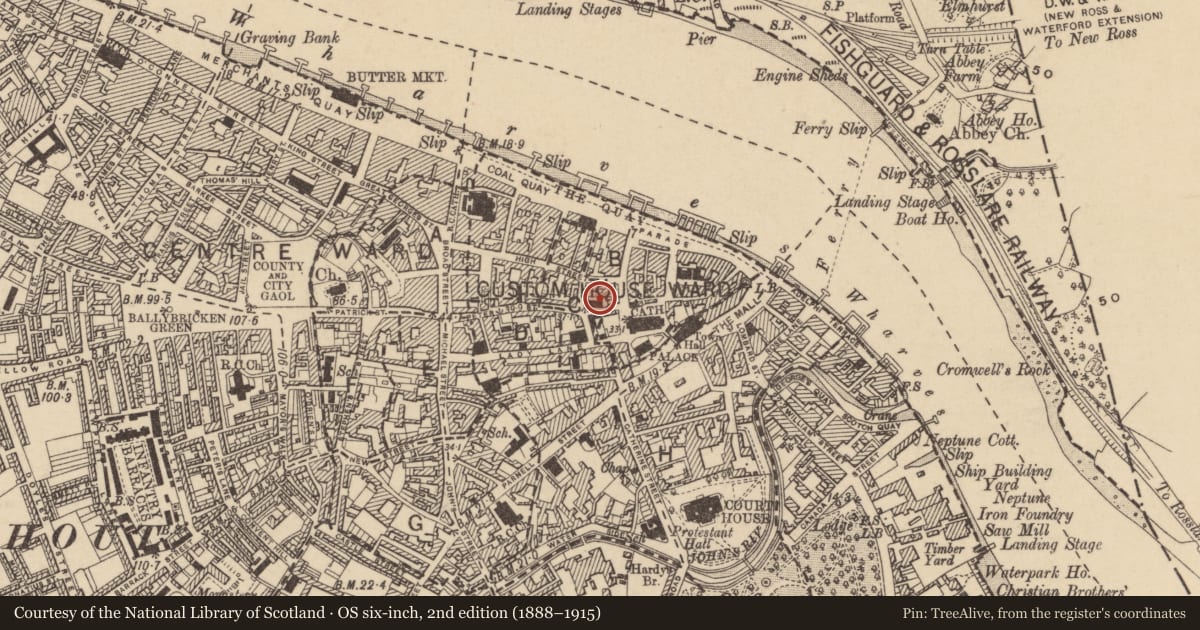 Ordnance Survey six-inch map, 2nd edition (1888–1915) covering the location of Graveyard, Waterford City, County Waterford, with a pin at the register's coordinates